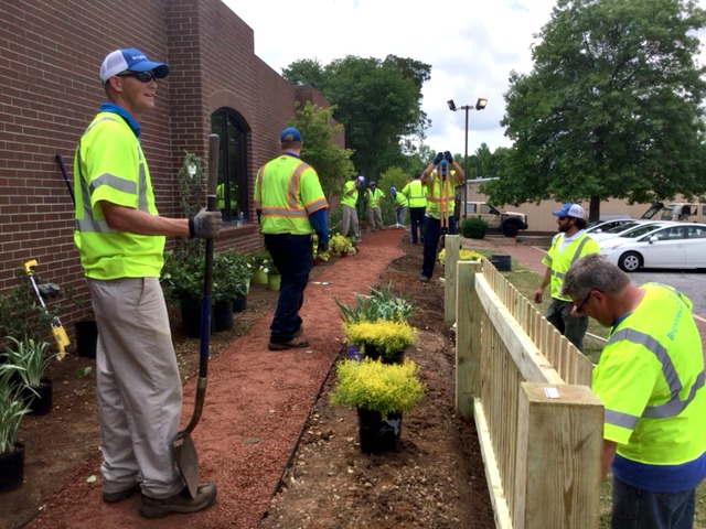 BrightView team members volunteered during Community Day at the Julie Valentine Center in Greenville, S.C., and installed perennial flowers and shrubs, trees, a bench, and a pathway.