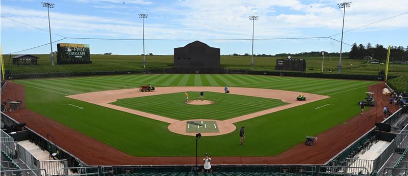 MLB at Field of Dreams baseball field cornfield