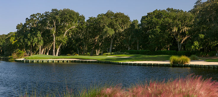 view of a golf course and water hazard