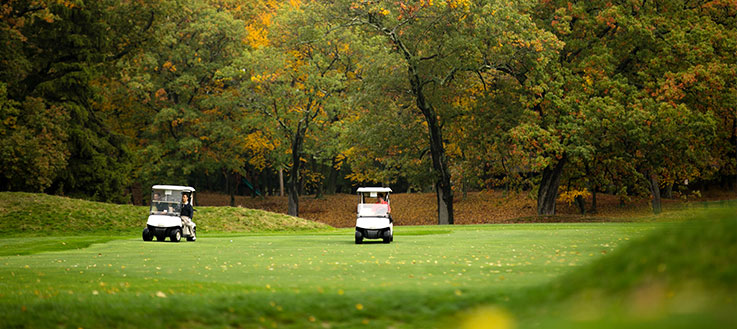 two golf carts on a golf course