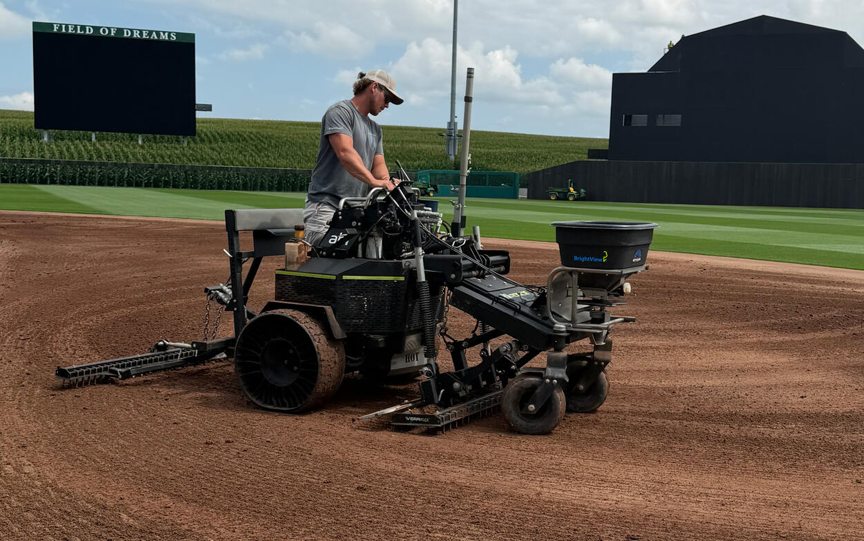 MLB at Field of Dreams cornfield BrightView team member infield dirt