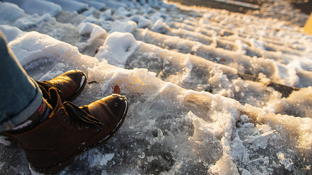 Icy and slippery stairs are a fall risk.