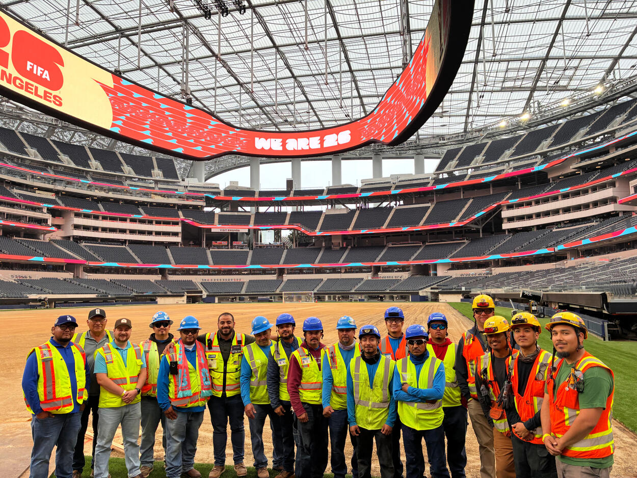 BrightView team members SoFi Stadium soccer pitch