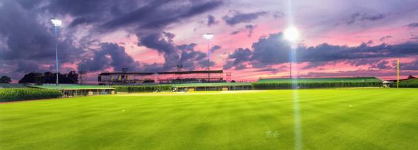 MLB at Field of Dreams sunset baseball field cornfield