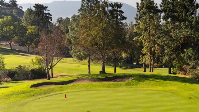red flag on a golf course surrounded by trees