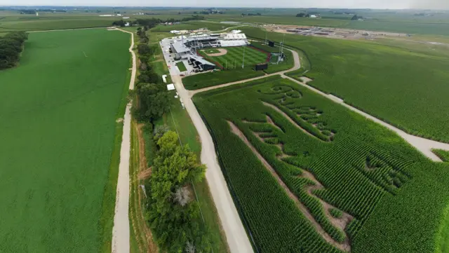 MLB at Field of Dreams baseball field cornfield