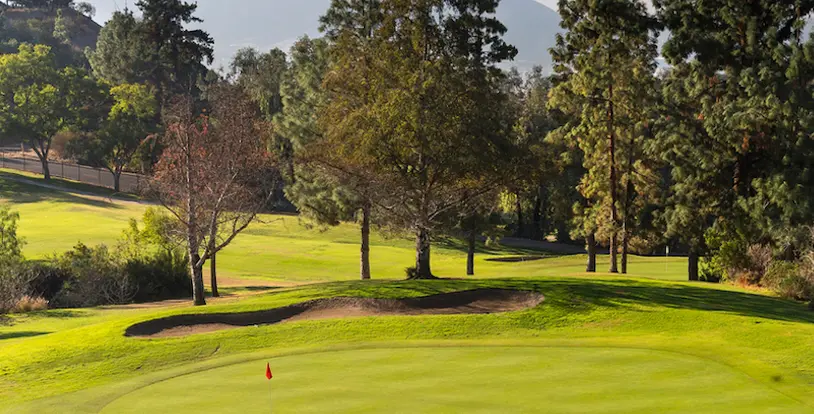 red flag on a golf course surrounded by trees