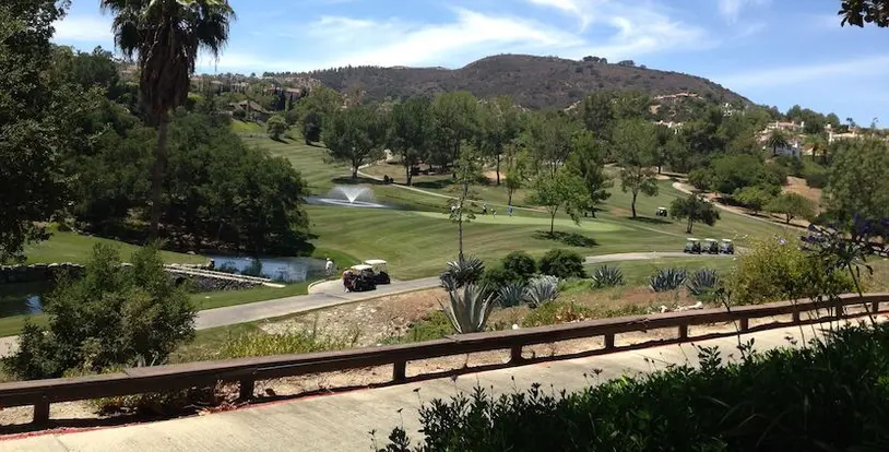 golf carts on a golf course pathway