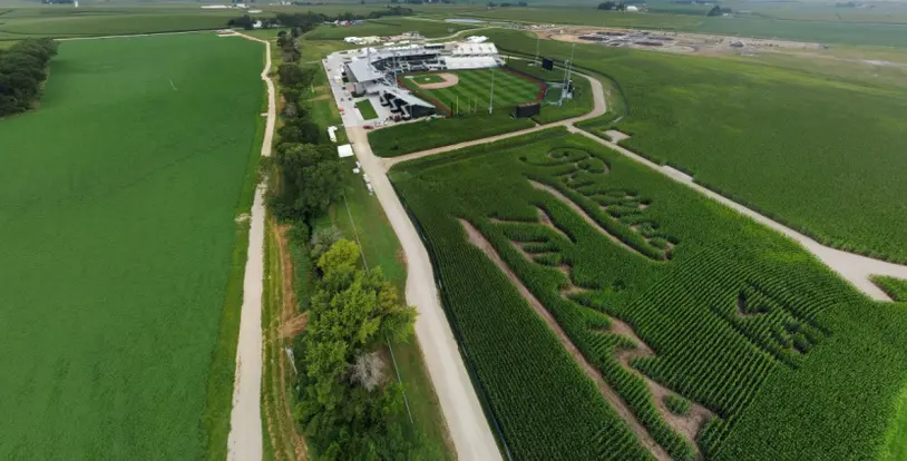 MLB at Field of Dreams baseball field cornfield
